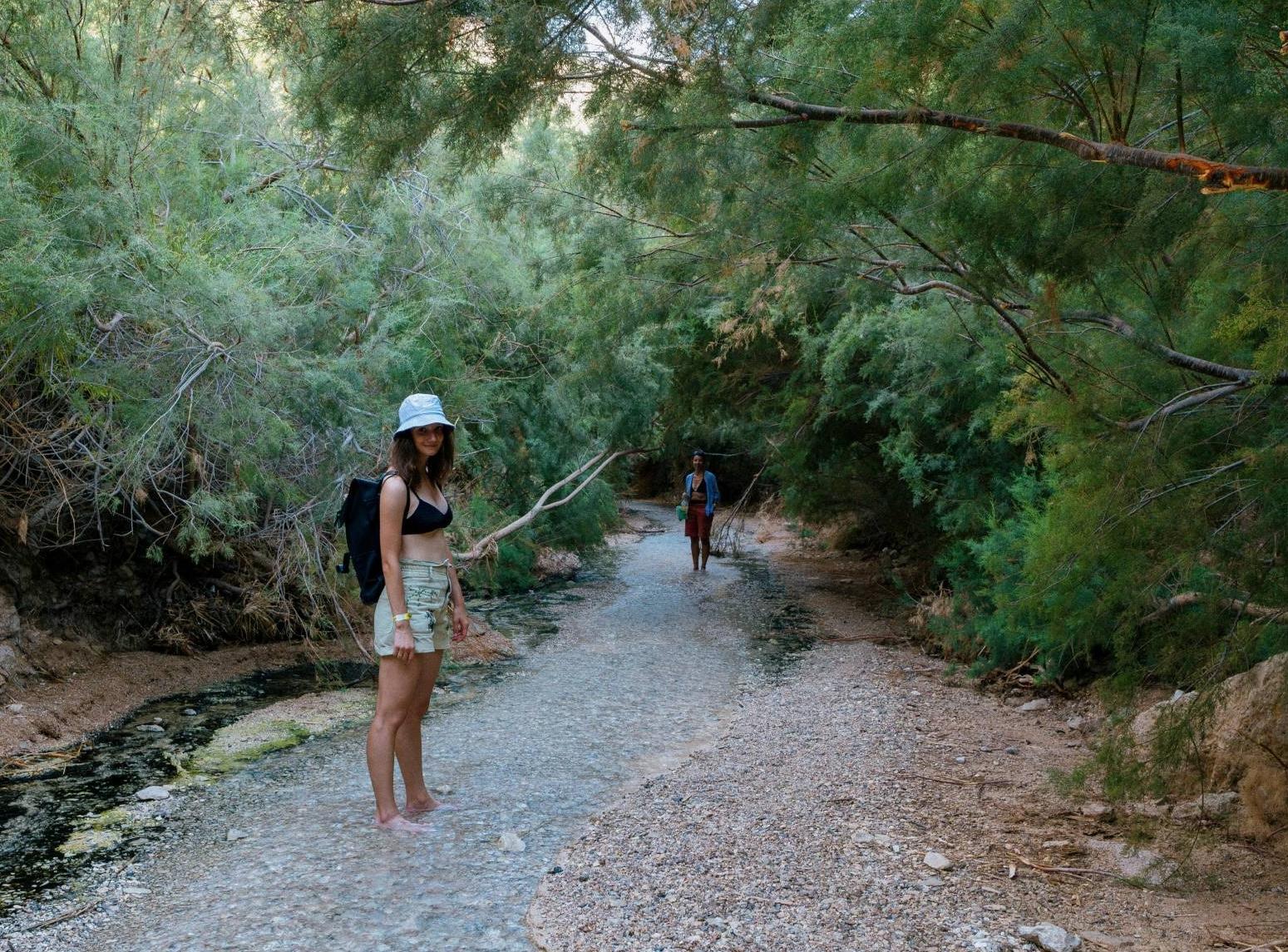 Girl standing barefoot in the middle of oasis spring in the Judean Desert in Israel.